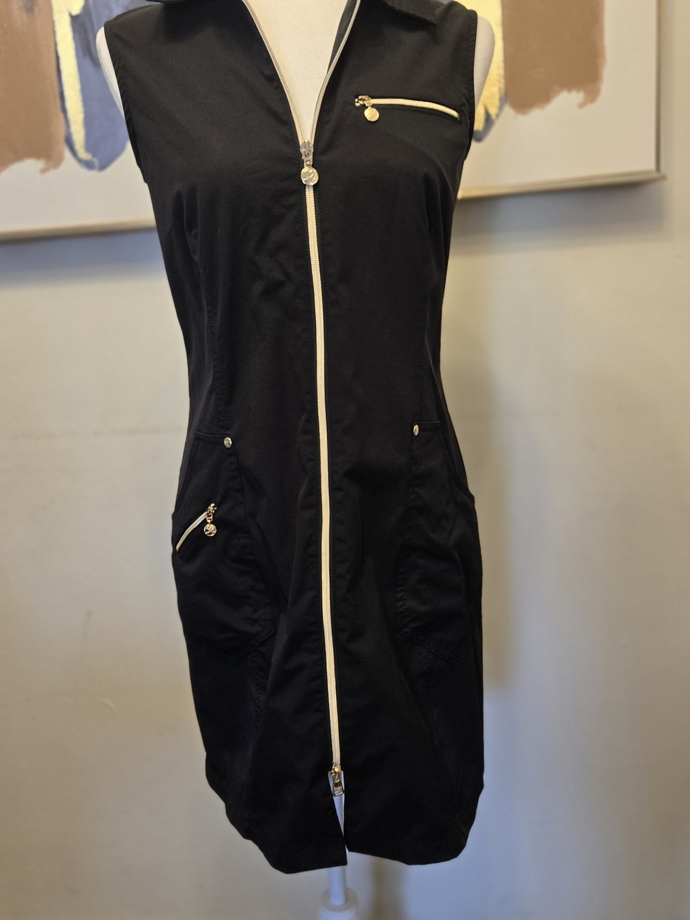 Daily Sports Black Sleeveless Zip-Front Mini Dress with Cream Trim